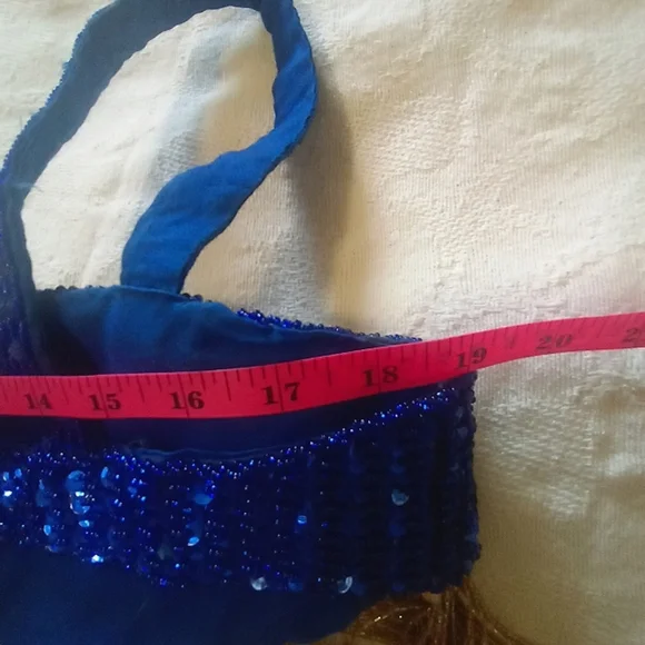 Belly Dancer Ornate Beaded Blue Gold Two Piece Bra Sheer Layered Tiered Skirt - Picture 9 of 13